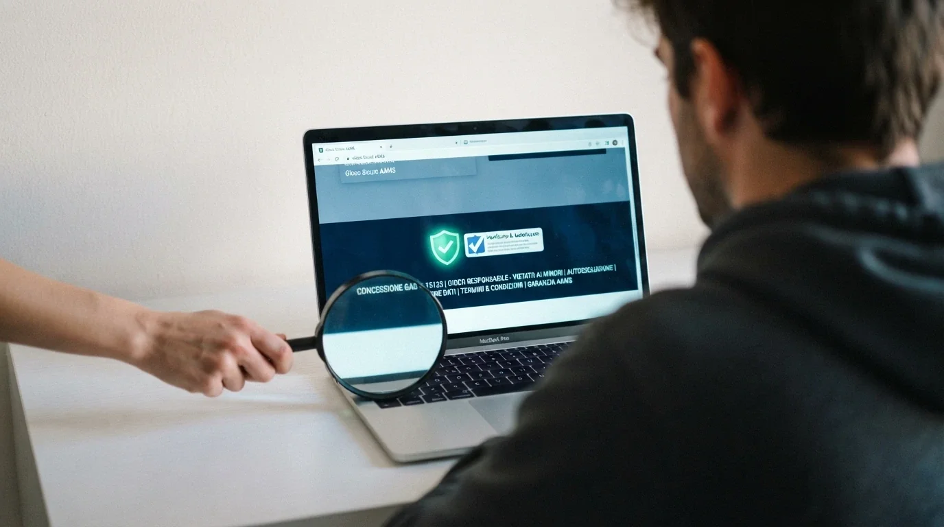 Il numero di concessione ADM nel footer di un casinò online italiano, con il logo ADM accanto e una lente di ingrandimento