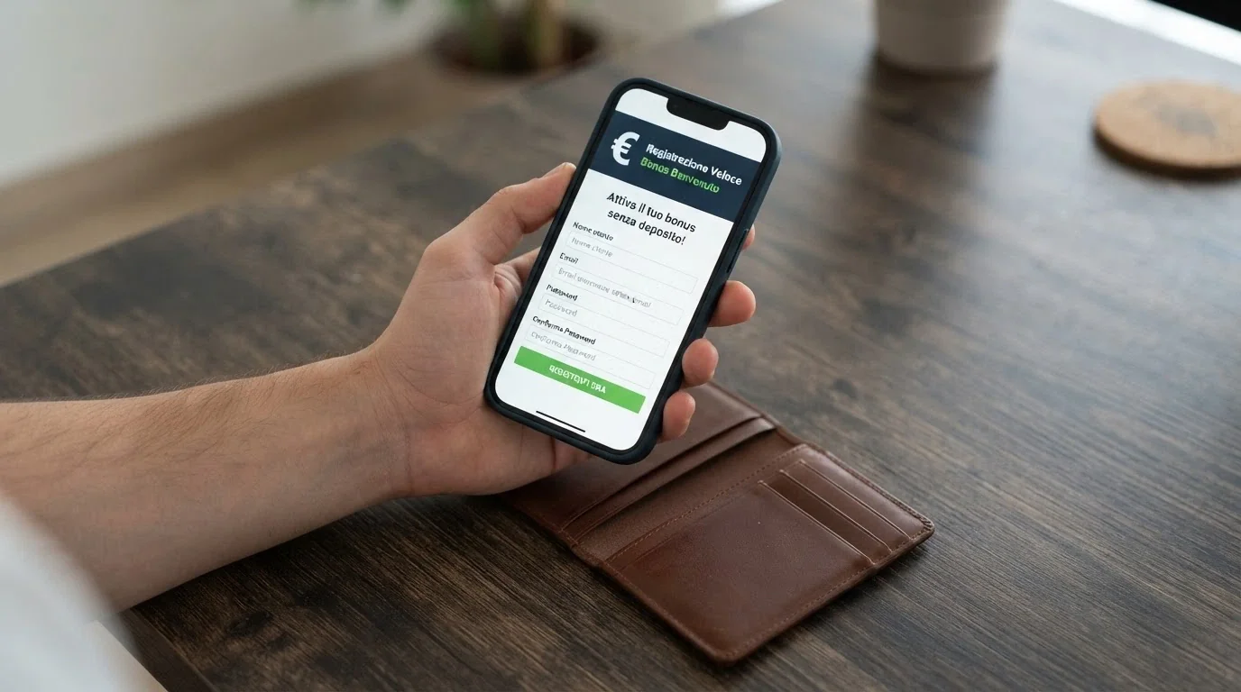 Una mano che tiene uno smartphone con la schermata di registrazione di un conto gioco, accanto a un portafoglio vuoto
