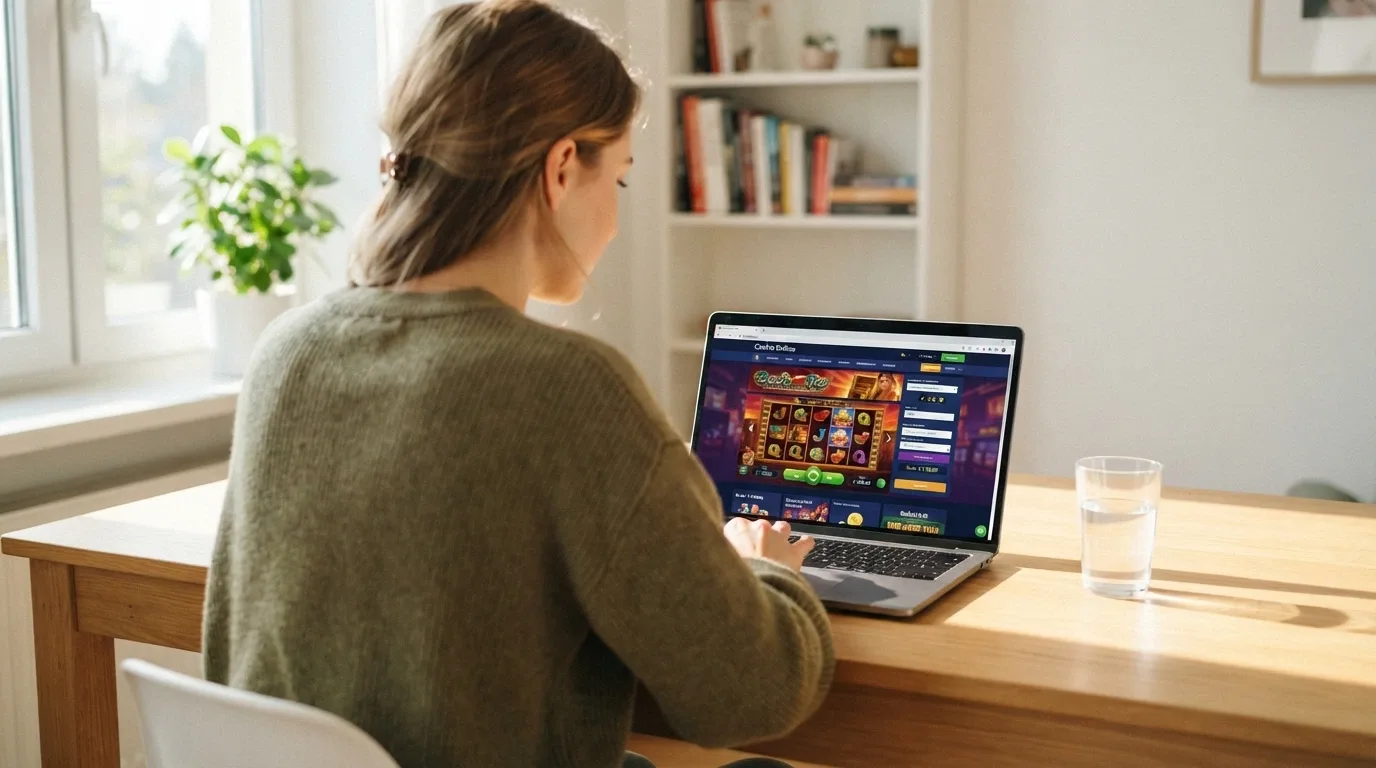 Un giocatore sorridente al computer con la pagina di un casinò online e un bicchiere d'acqua, in un ambiente domestico luminoso e ordinato
