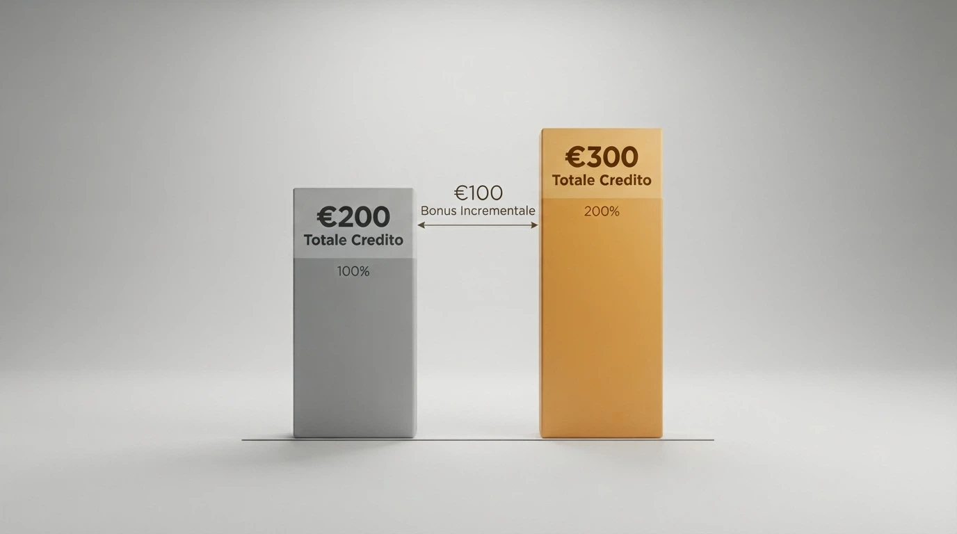 Due barre affiancate confrontano il credito totale ottenuto con un bonus 100% e uno 200% a parità di deposito