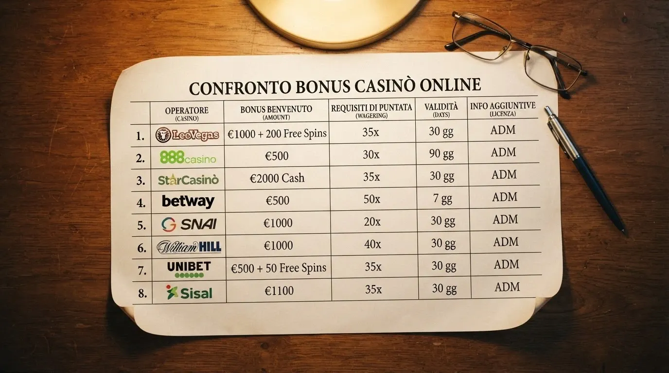 Una tabella comparativa con i loghi e le offerte senza deposito dei principali casinò ADM