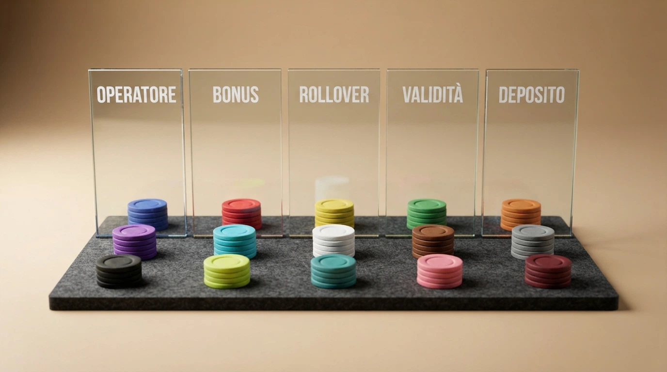 Una tabella stilizzata con le colonne del confronto — operatore, importo bonus, rollover, validità — e le prime tre righe compilate con dati reali