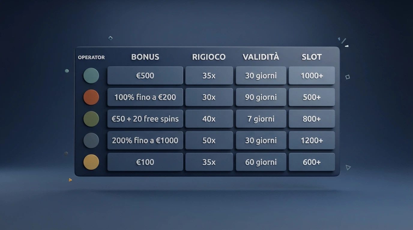 Una tabella comparativa stilizzata con le colonne Operatore, Bonus, Rigioco, Validità, Slot — ogni riga con un logo operatore diverso