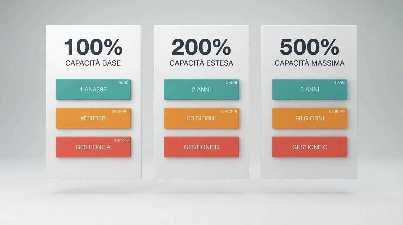 Schema a tre colonne con le soglie di bonus 100%, 200% e 500% affiancate e i rispettivi importi