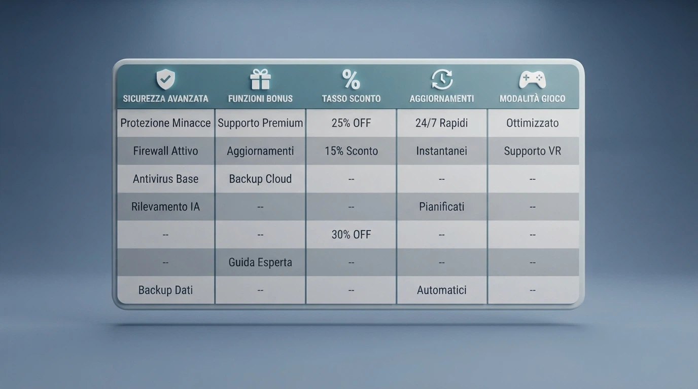 Una tabella comparativa stilizzata con colonne per operatore, concessione, bonus, wagering e catalogo giochi