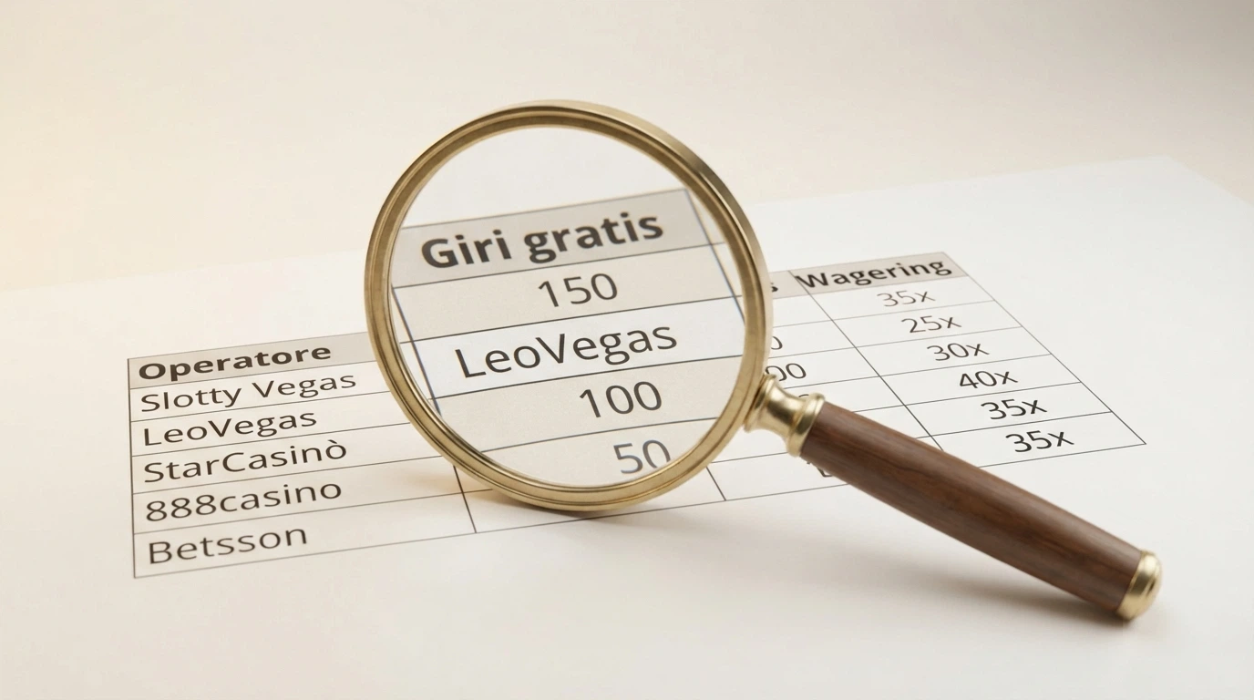 Una tabella stilizzata con le colonne Operatore, Giri gratis, Wagering, accanto a una lente di ingrandimento