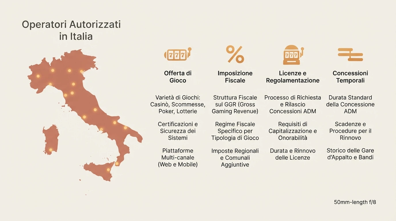 Una tabella comparativa stilizzata con icone che rappresentano giri gratis, percentuale di wagering, slot machine e calendario, sopra lo sfondo della mappa dell'Italia con i puntini delle concessioni ADM