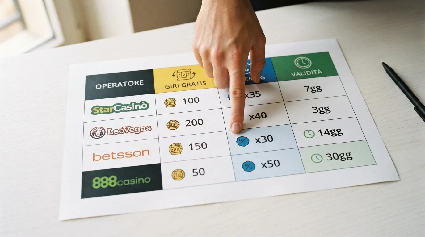 Una tabella comparativa stilizzata con loghi di casinò italiani in colonna e icone che rappresentano giri gratis, orologio (validità) e percentuale (wagering)