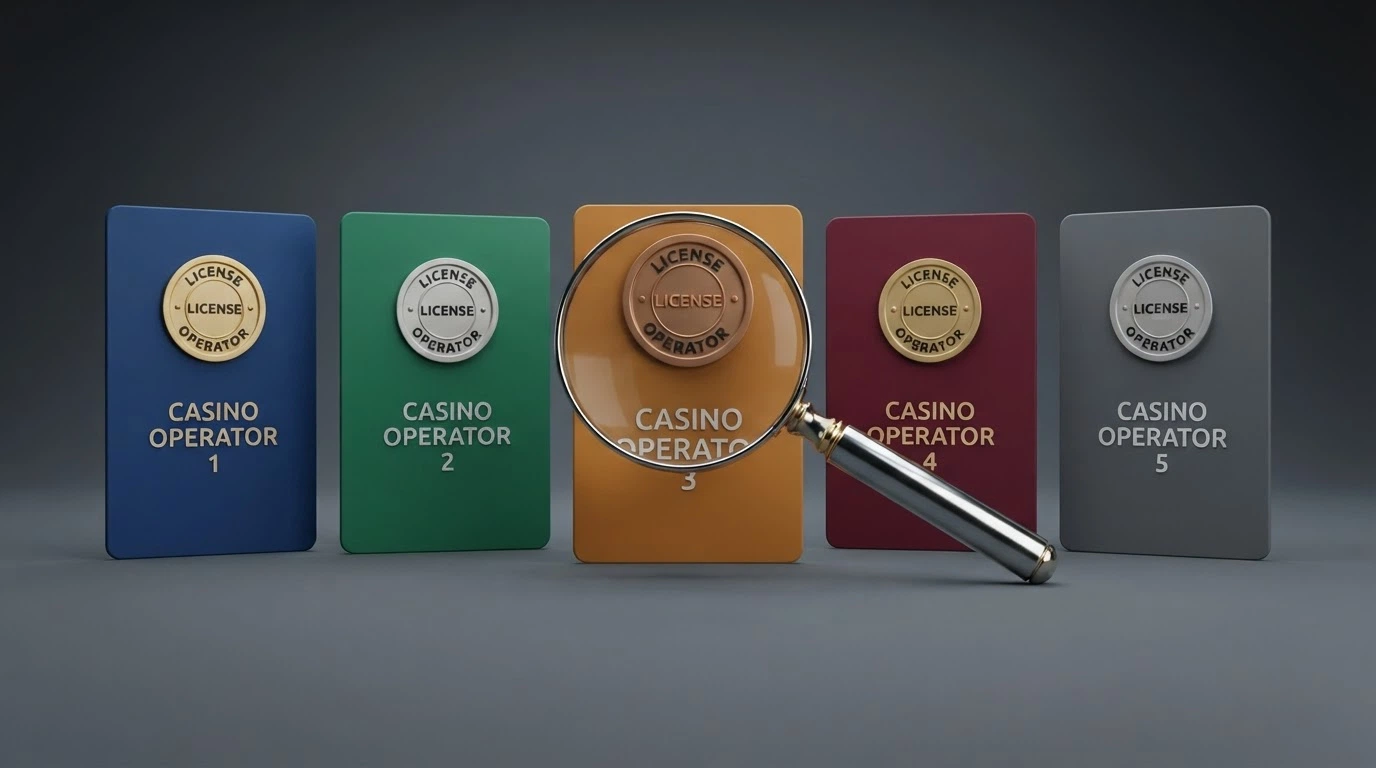 Schermata con cinque loghi di casinò online affiancati da icone di bonus e una lente di ingrandimento su un badge della licenza ADM
