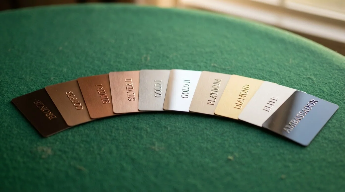 Una fila di dieci carte fedeltà di casinò allineate su un tavolo da gioco verde, ciascuna con un livello diverso (Bronzo, Argento, Oro, Platino), illuminate lateralmente