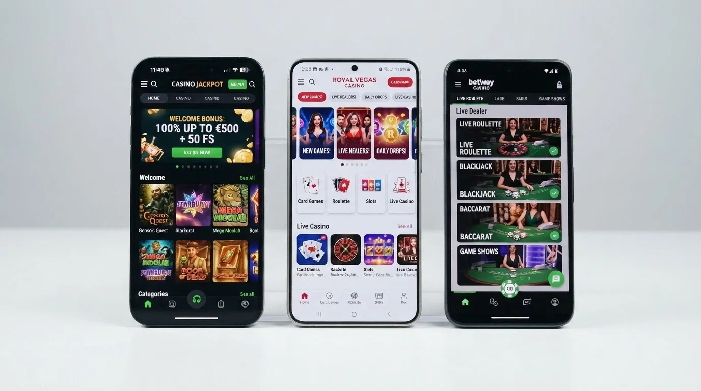 tre smartphone affiancati con le schermate home di tre diverse app casinò ADM a confronto