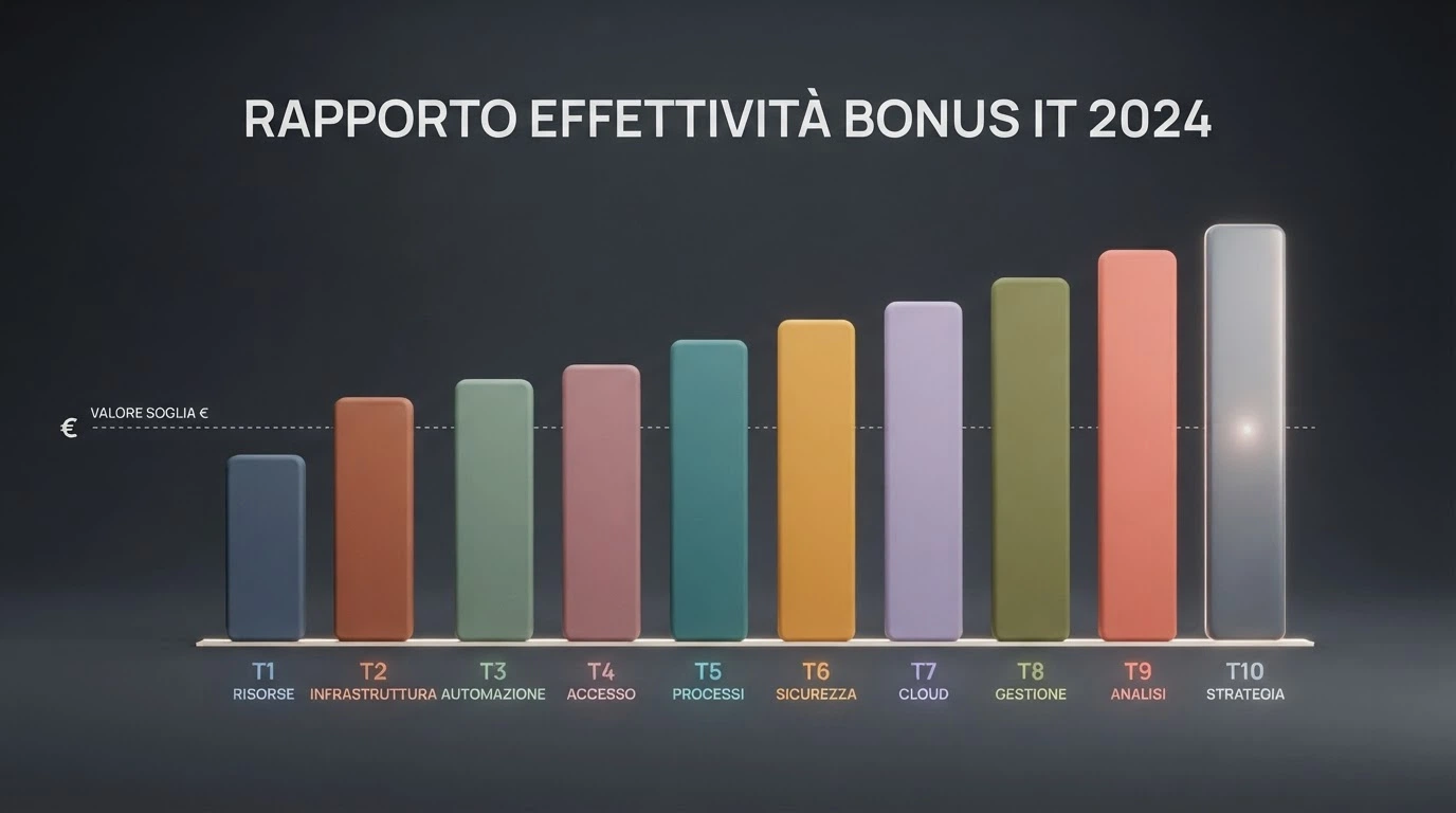 griglia stilizzata con 10 colonne di altezze diverse: ogni colonna rappresenta un operatore e l'altezza corrisponde al valore reale del bonus al netto del wagering, non alla percentuale dichiarata