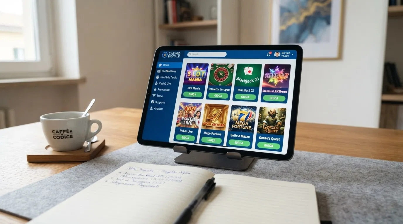Una vista dall'alto di una scrivania ordinata con un tablet che mostra una tabella comparativa di casinò ADM, affiancato da un taccuino con appunti e una tazza di caffè