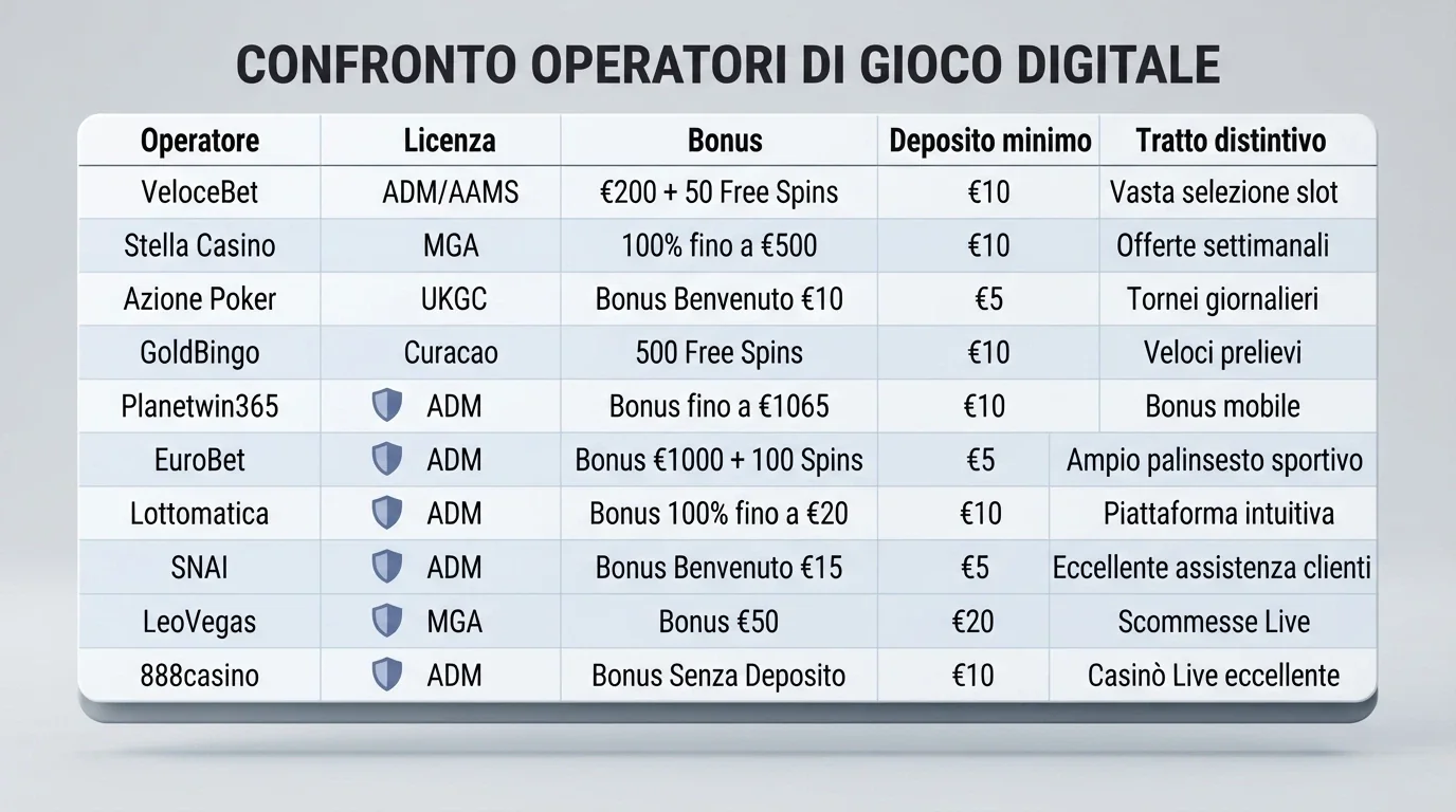 Una tabella comparativa stilizzata con nomi di casinò, icone delle licenze e valori di bonus in evidenza