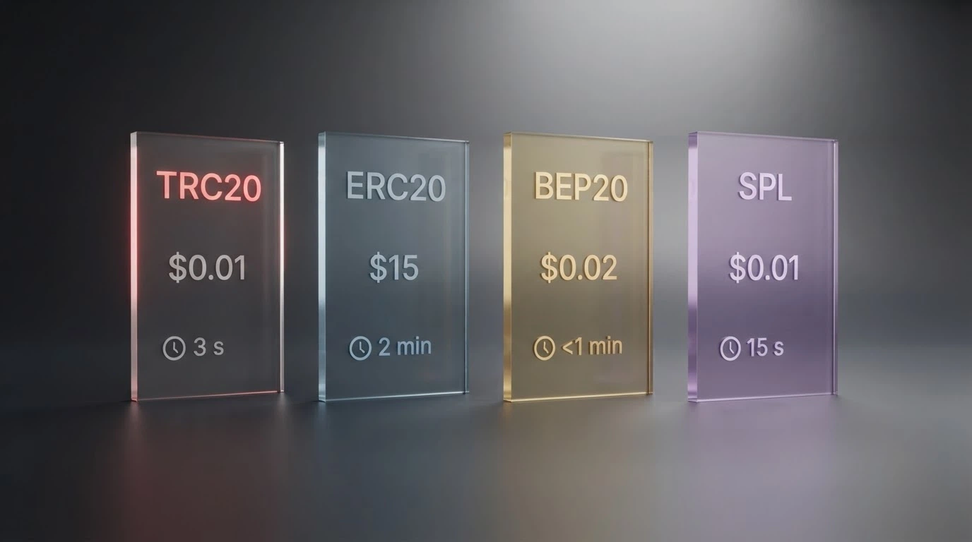 Schema con quattro blockchain affiancate — TRON, Ethereum, BNB Chain e Solana — ciascuna con l'icona della commissione e del tempo di conferma
