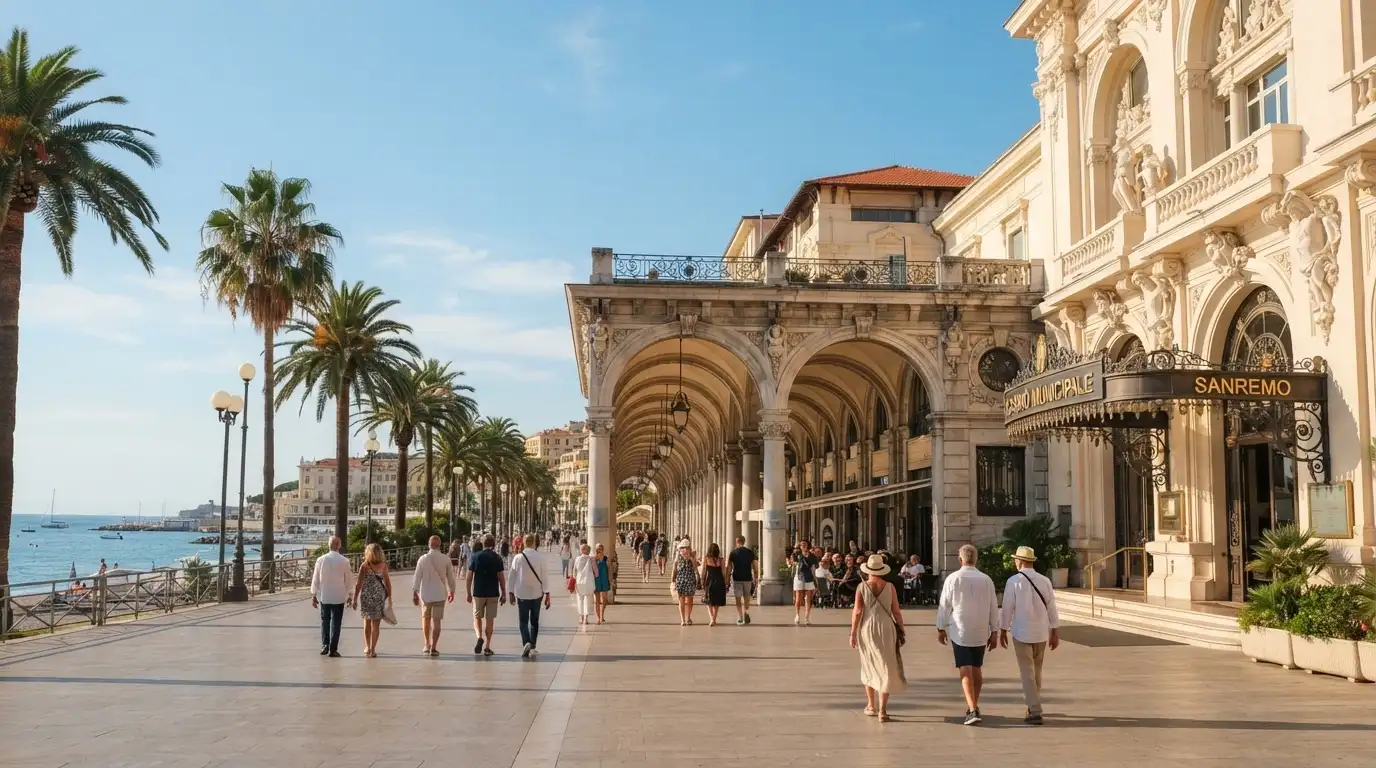Corso degli Inglesi con l'ingresso del Casinò di Sanremo visibile sulla destra e i portici in stile liberty