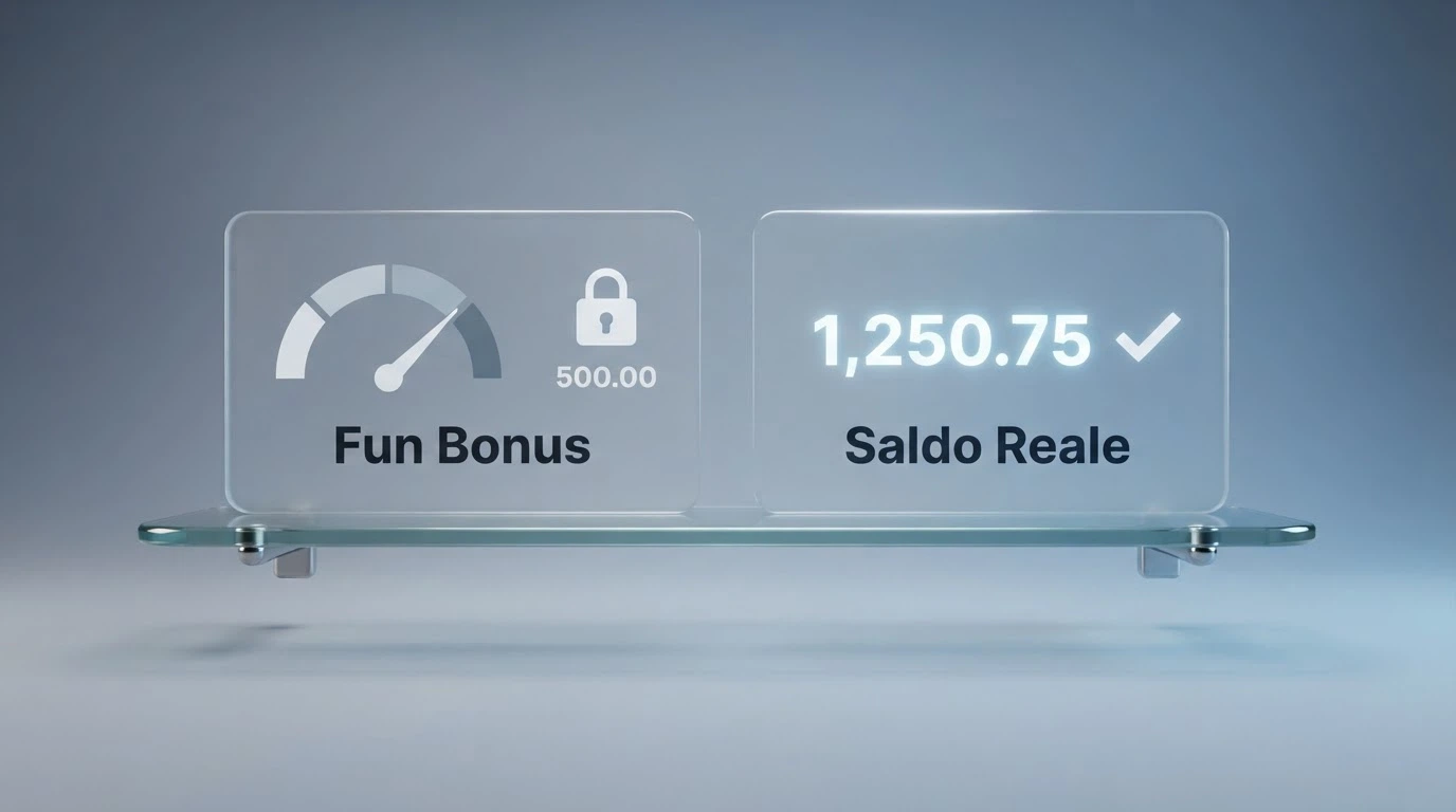 La schermata del conto gioco di un casinò con saldo bonus e saldo reale affiancati