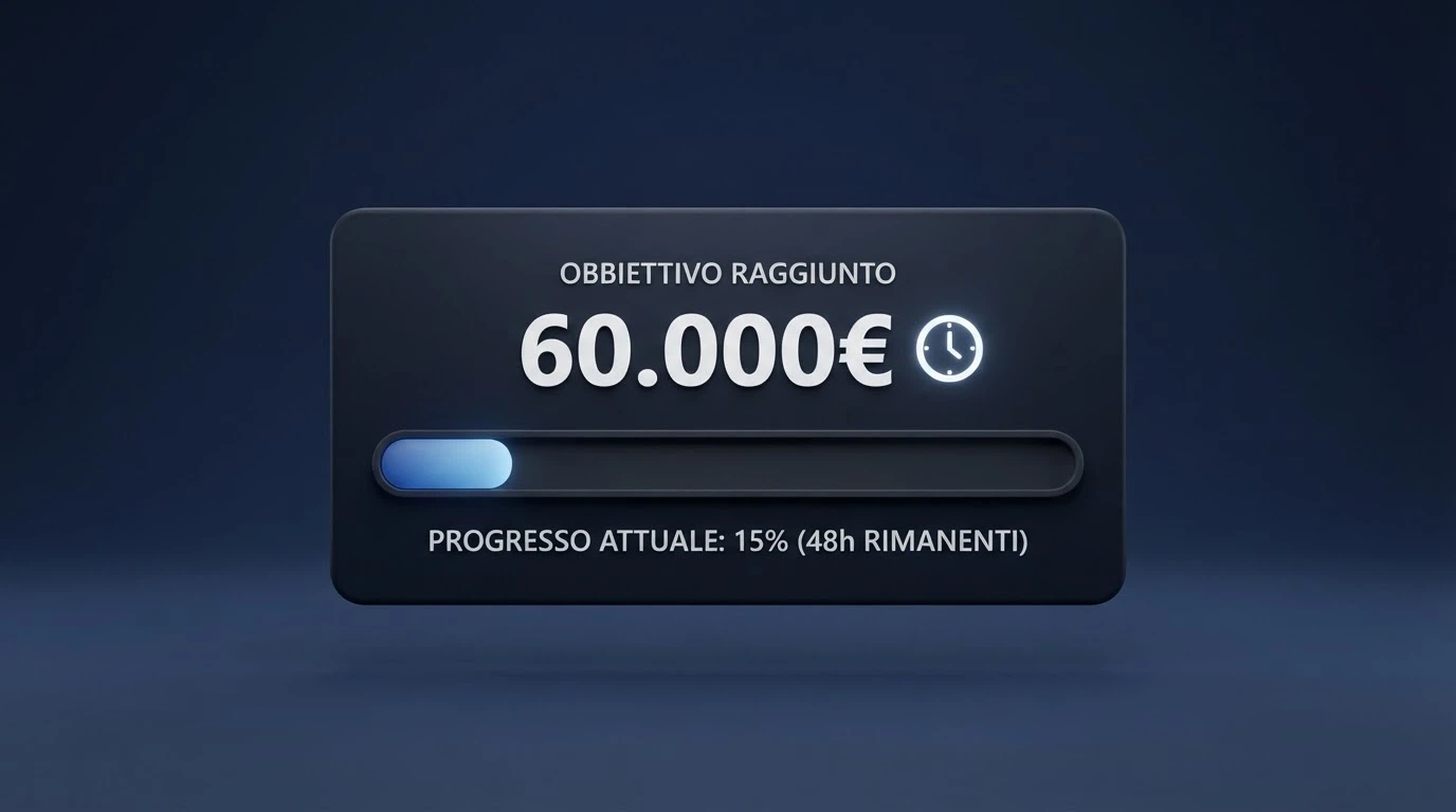 Una barra di avanzamento del rigioco riempita solo al 15% sopra la cifra 60.000€ di turnover richiesto, con un orologio che segna 48 ore