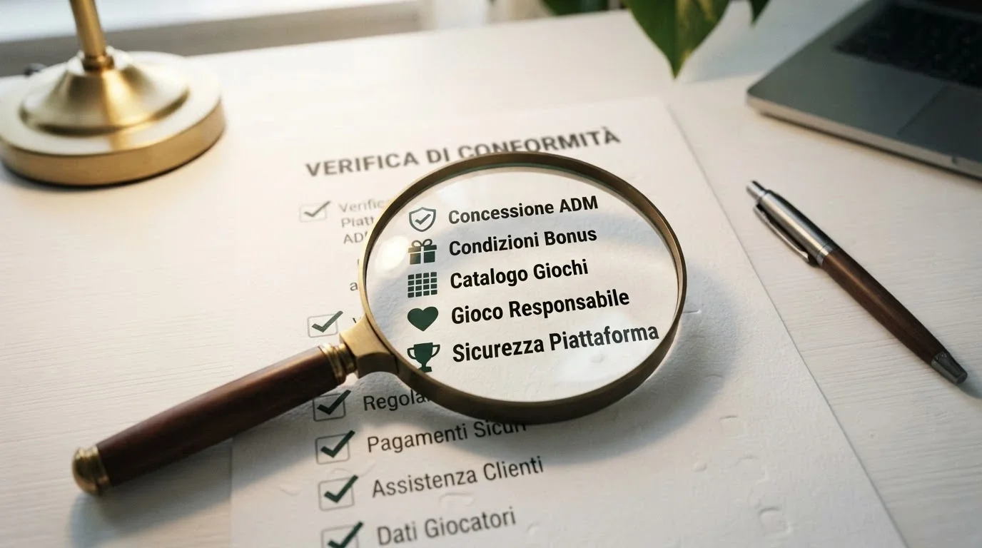 Una lente di ingrandimento su una checklist con le voci: concessione ADM, condizioni bonus, catalogo giochi, gioco responsabile