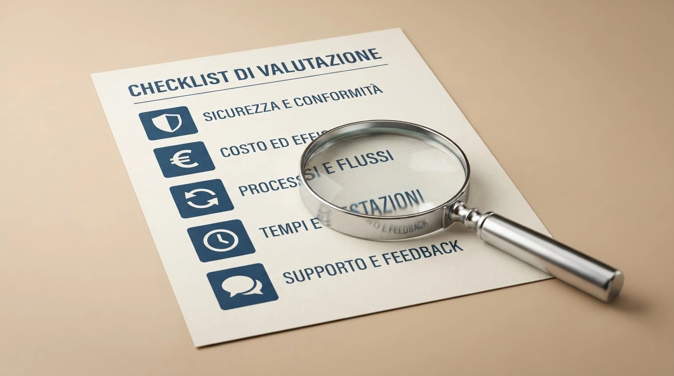 Una lista di criteri di valutazione (licenza, bonus, wagering, validità, trasparenza) affiancata a una lente di ingrandimento