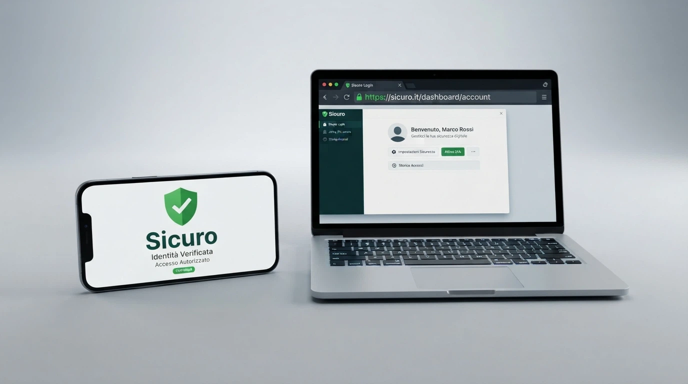 Un documento d'identità accanto allo schermo di un computer con l'icona del lucchetto verde nella barra del browser