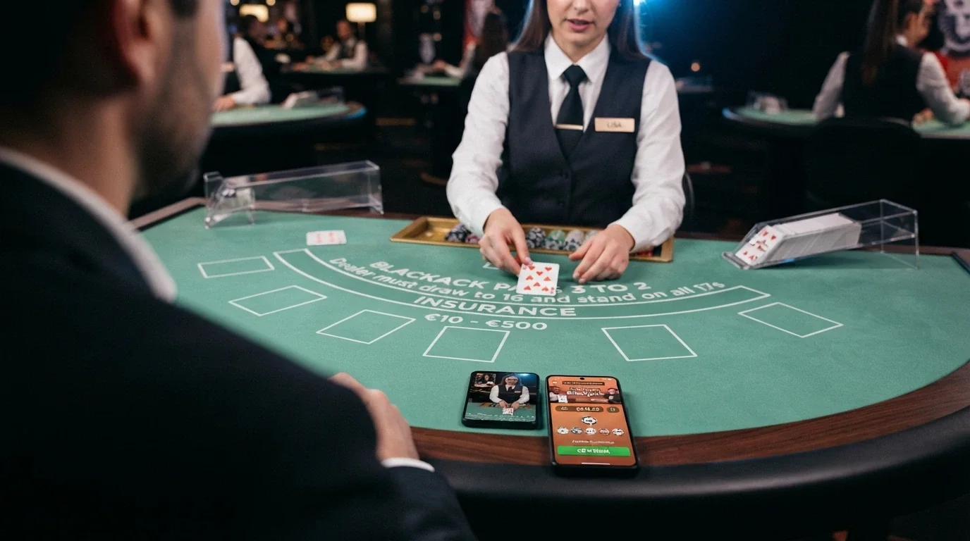 Un tavolo da blackjack live con croupier in italiano, inquadratura dal punto di vista del giocatore con l'interfaccia di puntata sullo schermo