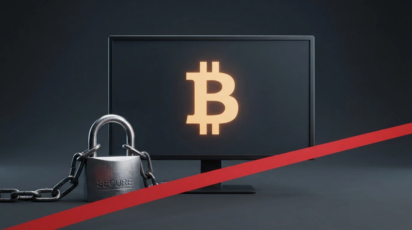 Schermo con il logo di Bitcoin accanto a un lucchetto sbarrato e la scritta «no concessione ADM» su sfondo scuro