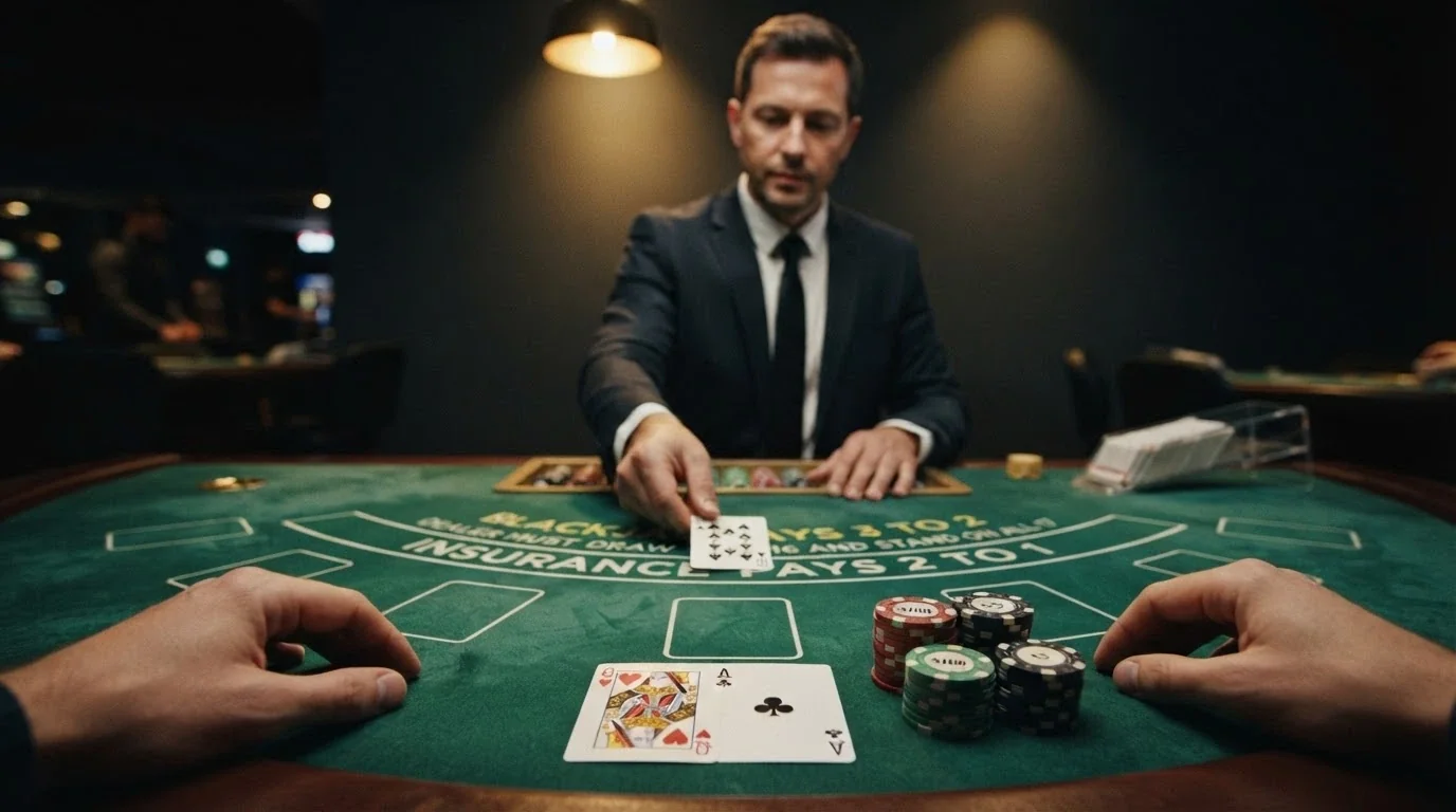 Un croupier in abito formale distribuisce carte a un tavolo da blackjack, inquadratura dal punto di vista del giocatore