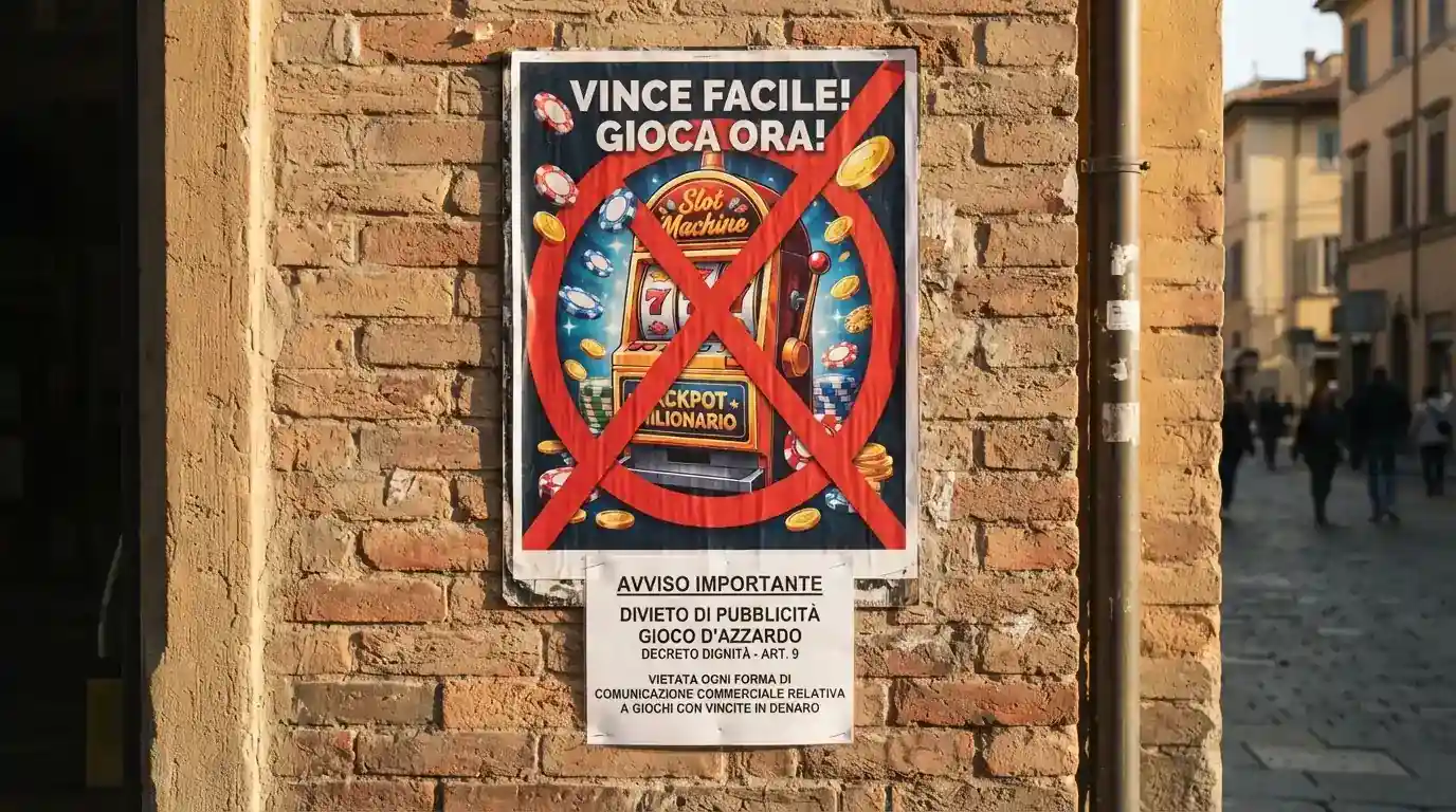 Manifesto pubblicitario di gioco d'azzardo barrato da un divieto, con il testo del Decreto Dignità art. 9