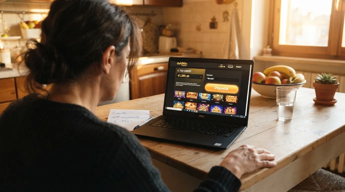 Una persona seduta al tavolo di una cucina con un laptop davanti, lo schermo mostra la schermata di un casinò online con il pulsante «deposita» in evidenza ma non ancora premuto, e accanto un foglo con la scritta «limite setimanale: €X»