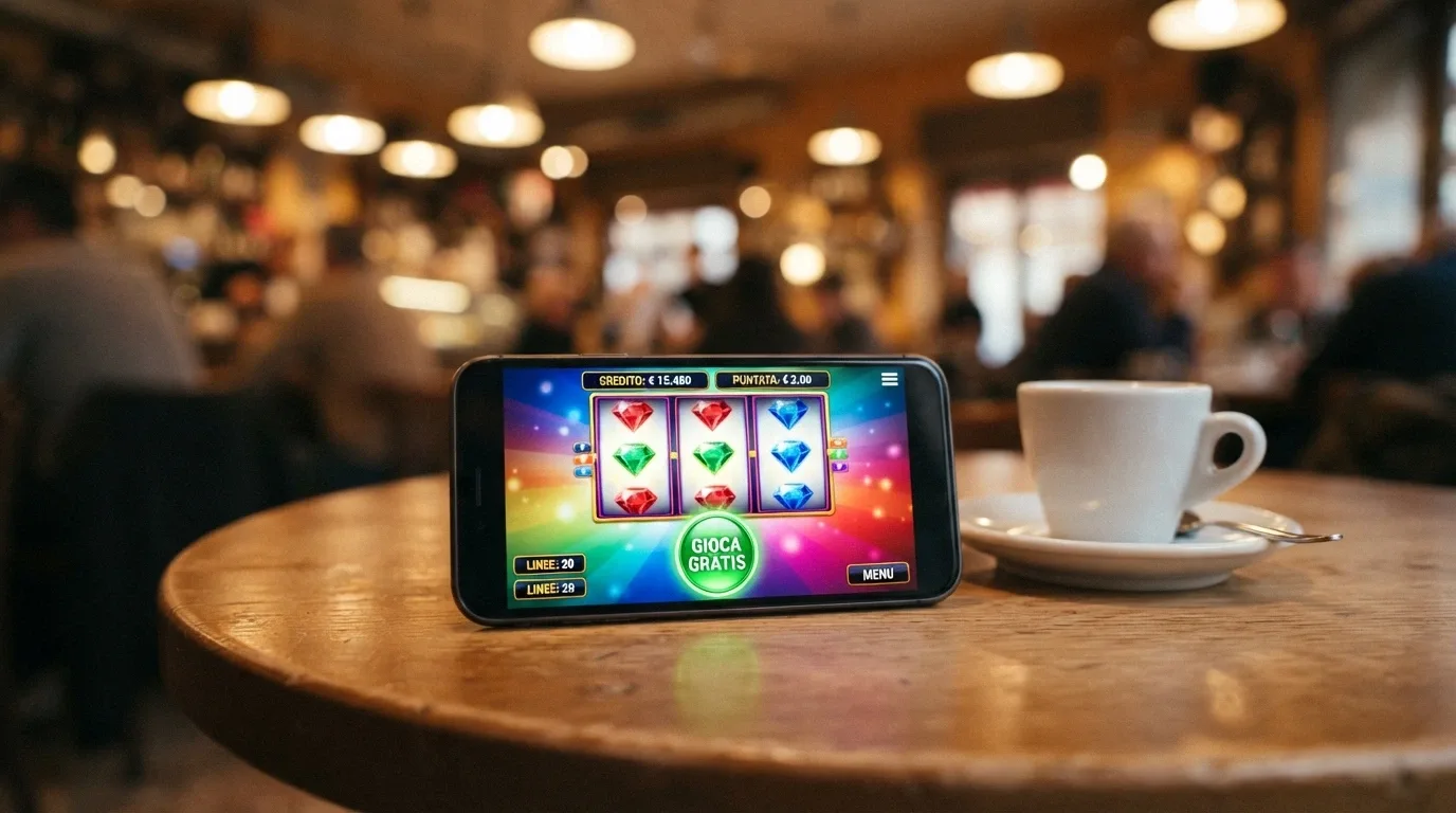Lo schermo di uno smartphone che mostra la schermata di una slot in modalità demo con il pulsante «Gioca gratis» in evidenza, senza alcun form di registrazione visibile, su uno sfondo di caffetteria