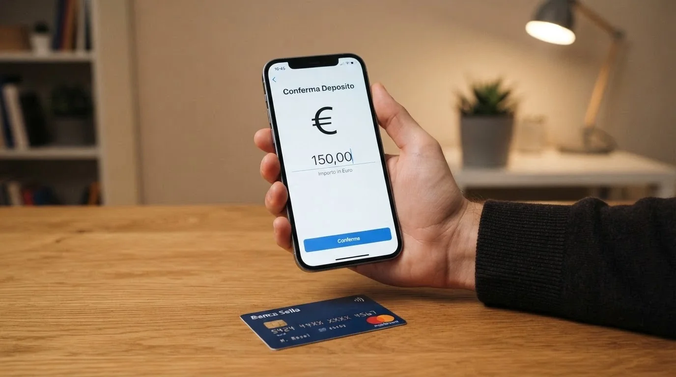 Una mano che avvicina una carta Postepay a uno smartphone con la schermata di deposito di un casinò, cifre in euro ben visibili