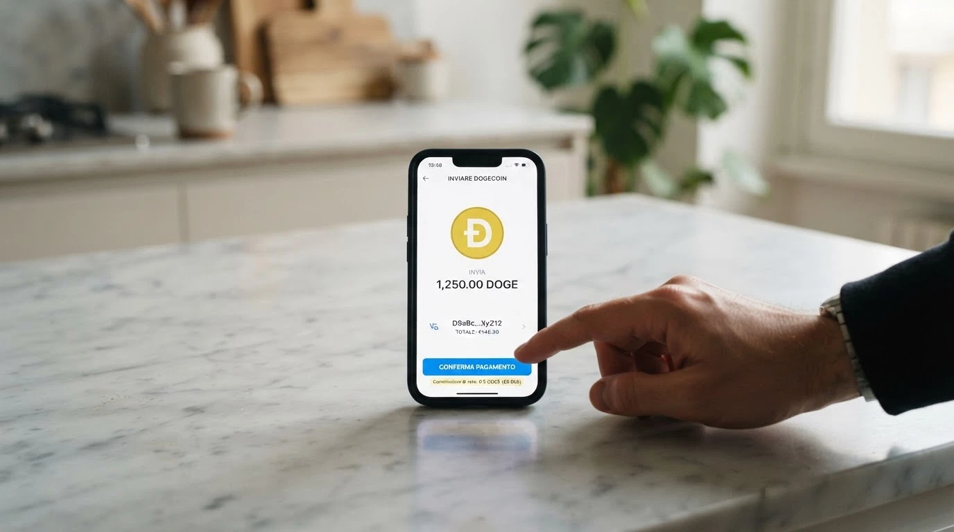 Interfaccia di un wallet Dogecoin su smartphone con la schermata di invio verso un indirizzo di casinò e la commissione di rete in evidenza