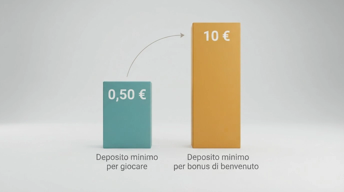 Due colonne affiancate su uno schermo: a sinistra «Per giocare: 0,50 €», a destra «Per il bonus: 10 €» con freccia che evidenzia la distanza