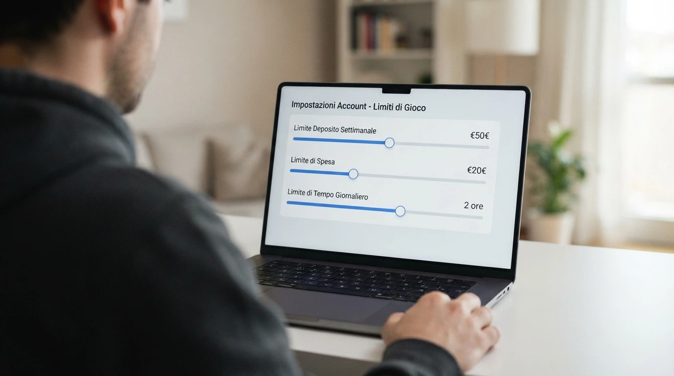 Un'interfaccia di area account con i cursori per impostare limite di deposito settimanale (500€), limite di spesa (200€) e limite di tempo (2 ore)