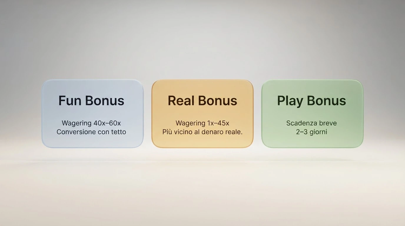 Due riquadri separati confrontano Fun Bonus, Real Bonus e Play Bonus con le loro caratteristiche principali