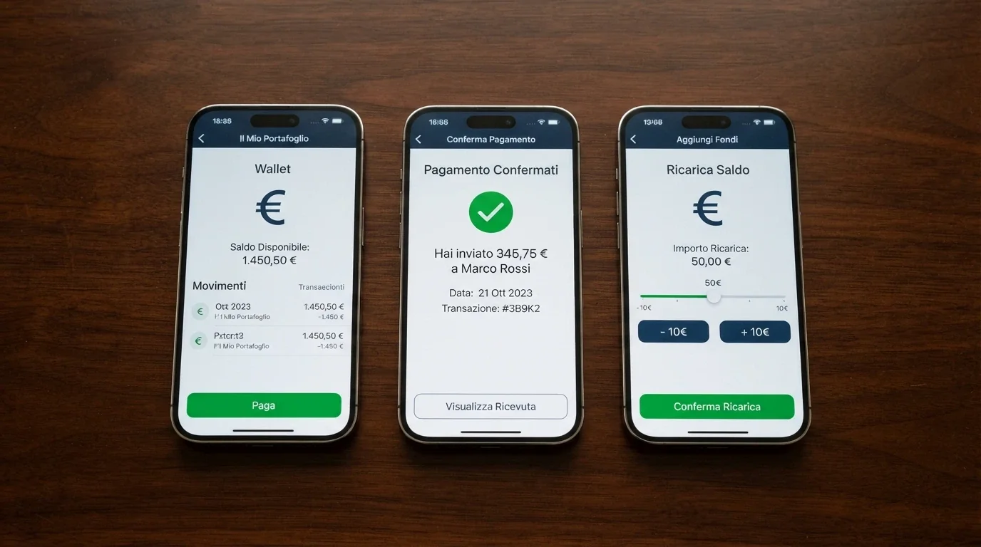 Tre smartphone affiancati che mostrano le schermate delle app PayPal, Skrill e Neteller con l'interfaccia di pagamento verso un casinò