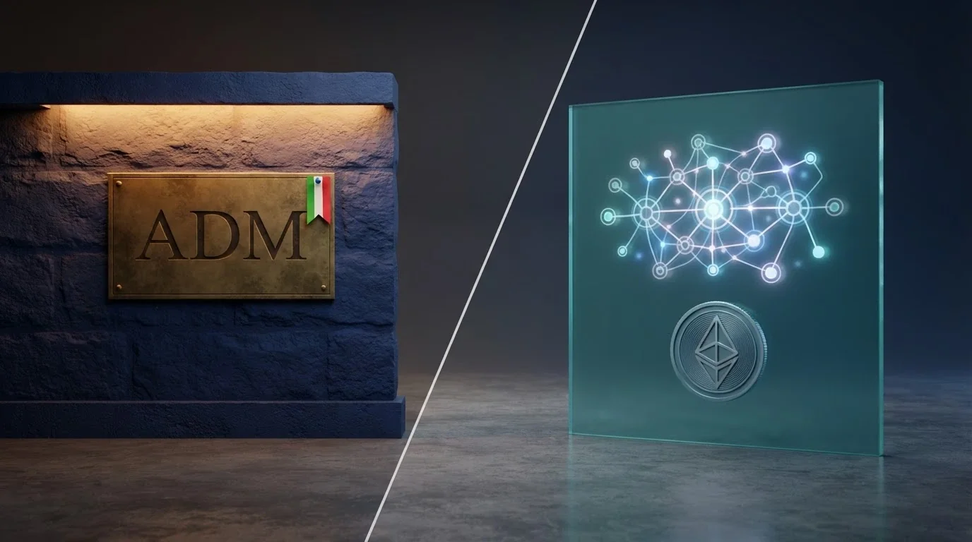 Una mappa concettuale che mostra la separazione tra il circuito ADM (a sinistra, con il logo ADM e la bandiera italiana) e il circuito crypto offshore (a destra, con il simbolo di Ethereum e bandiere di Curaçao e Anjouan)
