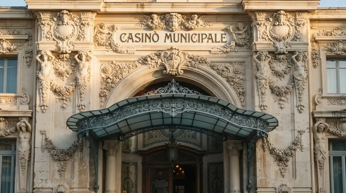 Primo piano della facciata liberty del Casinò di Sanremo con i dettagli decorativi in pietra e le insegne storiche
