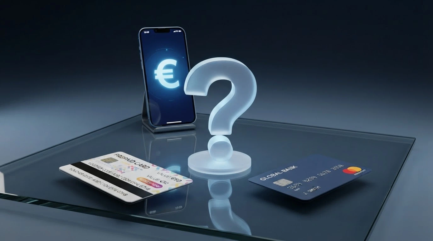 Un punto interrogativo luminoso al centro di una nuvola di icone di metodi di pagamento in scala ridotta, su sfondo neutro
