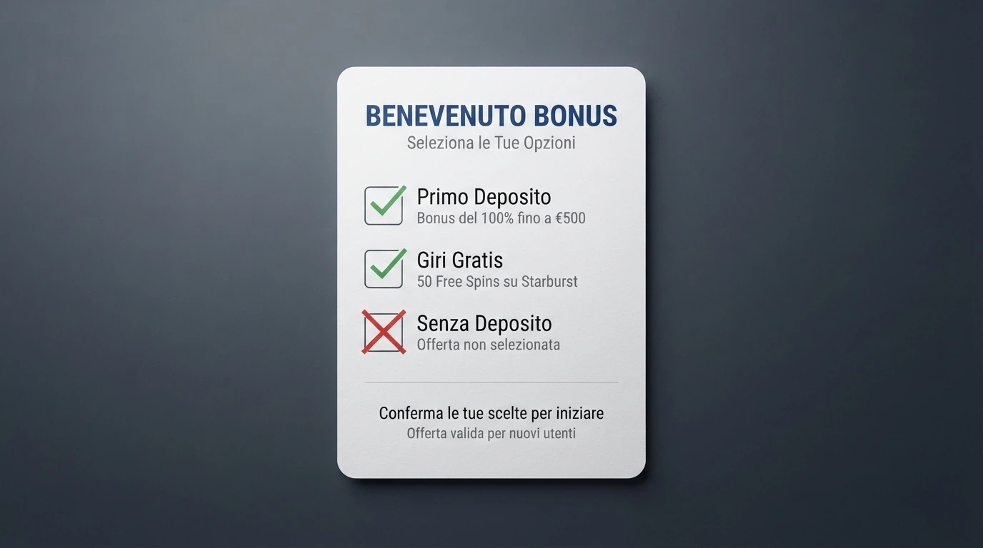 Un modulo di benvenuto stilizato con caselle che mostrano tre varianti di bonus (primo deposito, giri gratis, senza deposito), con la casella «senza deposito» sbarrata in rosso