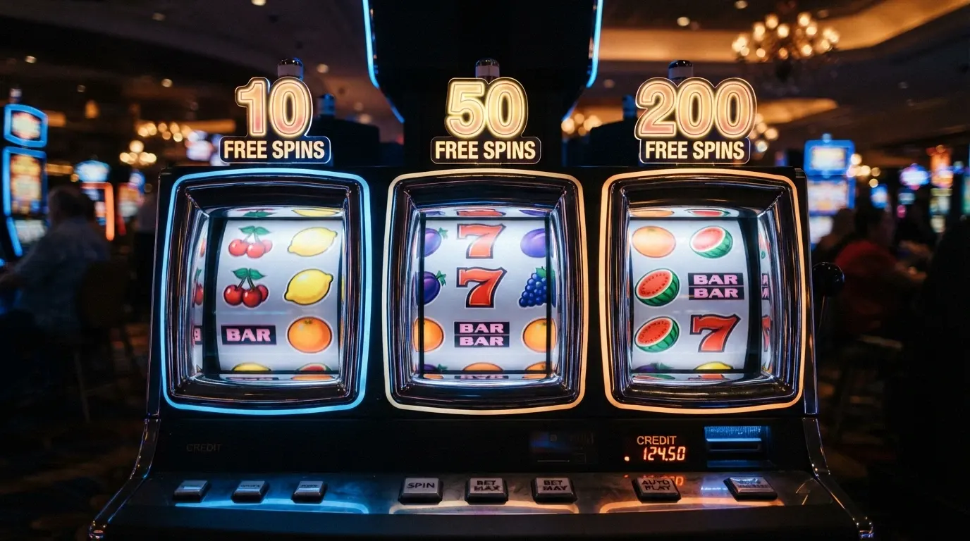 Tre rulli di slot machine affiancati con un numero diverso di giri gratuiti in sovrimpressione su ciascuno: 10, 50, 200