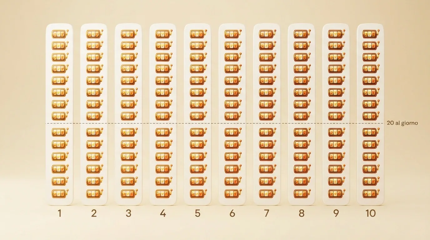 Un calendario di 10 giorni con 20 icone di slot machine per ogni giorno, che mostra la rateizzazione dell'accredito dei free spin.