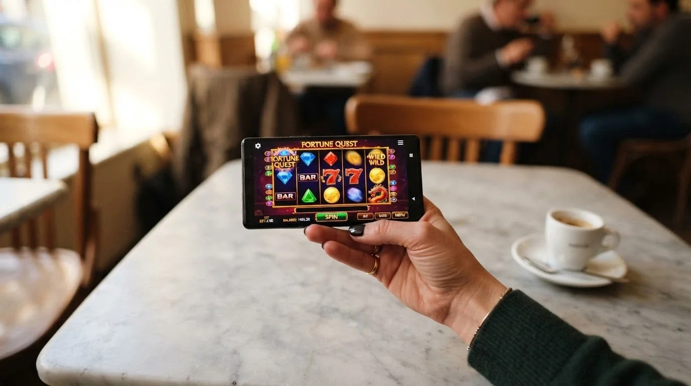 Un giocatore che utilizza free spins su uno smartphone con l'interfaccia di un casinò ADM