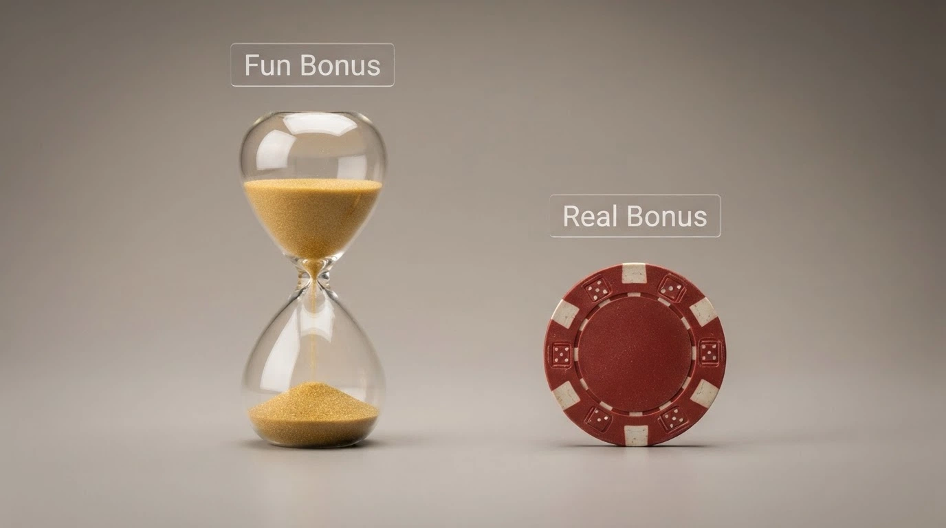 Due colonne affiancate: a sinistra una clessidra con la scritta «Fun Bonus», a destra una banconota con la scritta «Real Bonus»