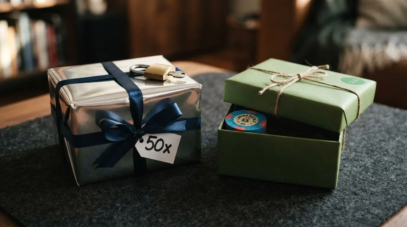 Due colonne a confronto: a sinistra un pacco regalo con lucchetto e scritta «50x» (Fun Bonus), a destra una banconota con spunta verde (Real Bonus)