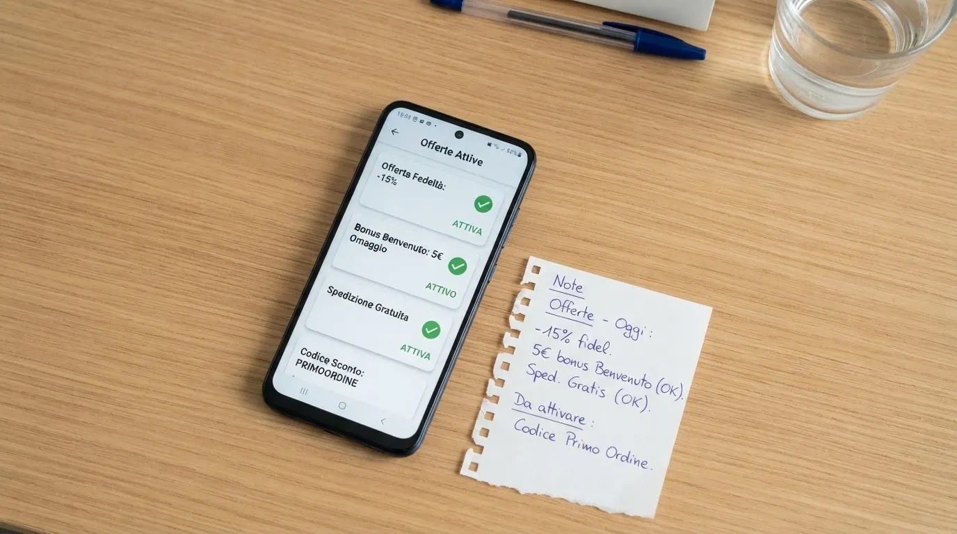 Uno smartphone con l'area promozioni di un casinò ADM aperta, accanto a un foglio con la scritta «codici per già iscritti» e poche voci compilate