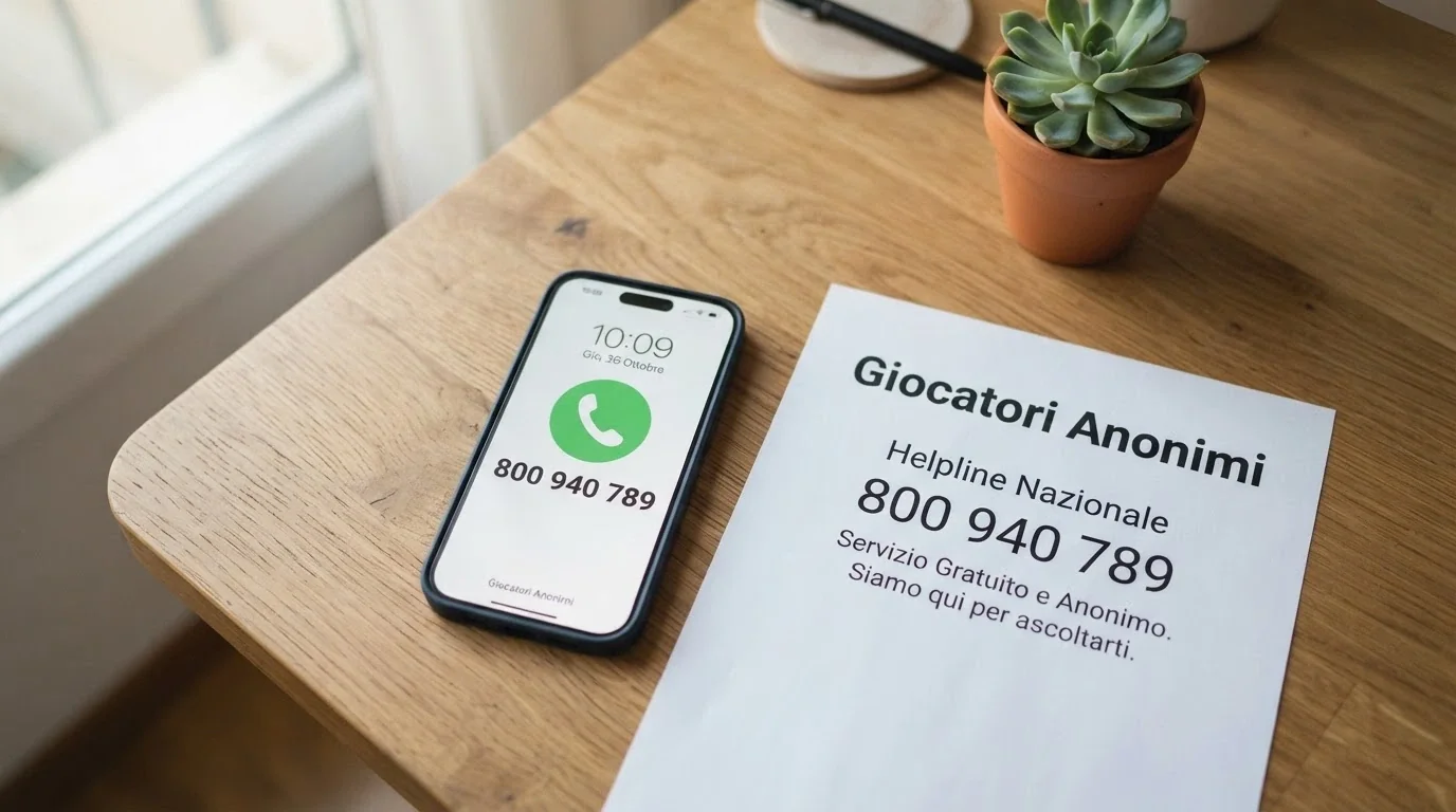 Un telefono con il numero verde 800 940 789 sullo schermo, appoggiato su una scrivania accanto a un foglio con la scritta «Giocatori Anonimi»