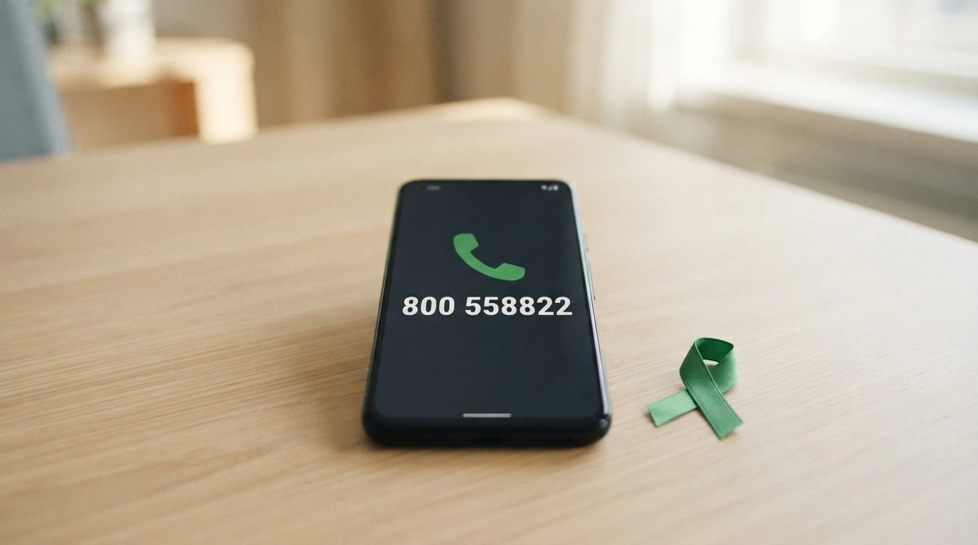 Un telefono con il numero verde 800 558822 sullo schermo, appoggiato su una superficie con una spilla verde a forma di nastro della sensibilizzazione
