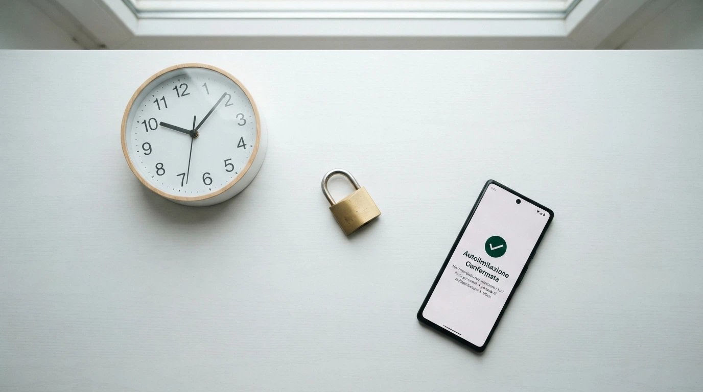 Un orologio, un lucchetto e un modulo di autoesclusione su uno schermo, a simboleggiare gli strumenti di controllo del gioco obbligatori per i concessionari ADM